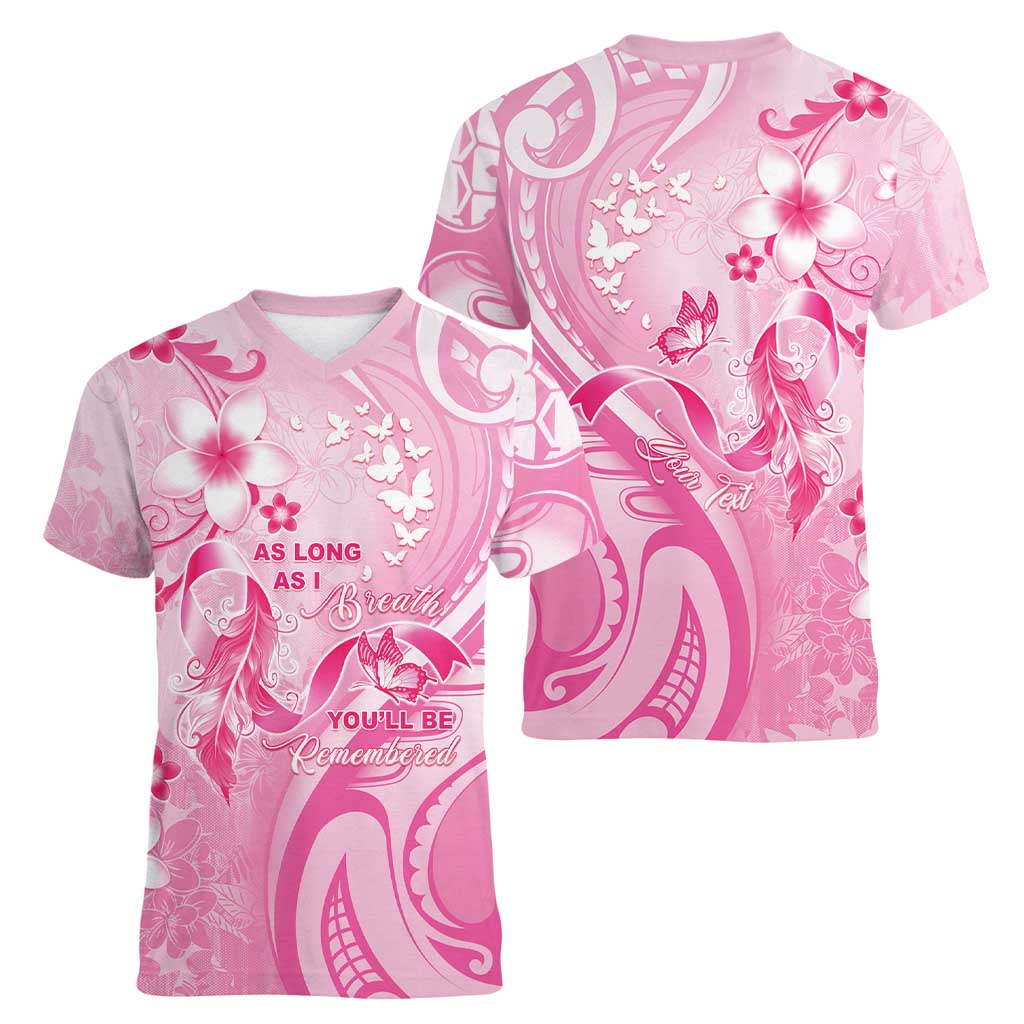 Personalised Memorial Pink Breast Cancer Awareness Women V-Neck T-Shirt Plumeria Floral Tribal Pattern - Polynesian Pride