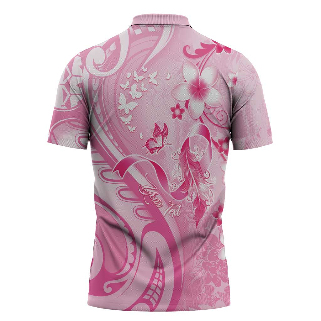 Personalised Memorial Pink Breast Cancer Awareness Zipper Polo Shirt Plumeria Floral Tribal Pattern - Polynesian Pride