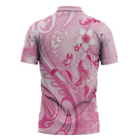 Personalised Memorial Pink Breast Cancer Awareness Zipper Polo Shirt Plumeria Floral Tribal Pattern - Polynesian Pride
