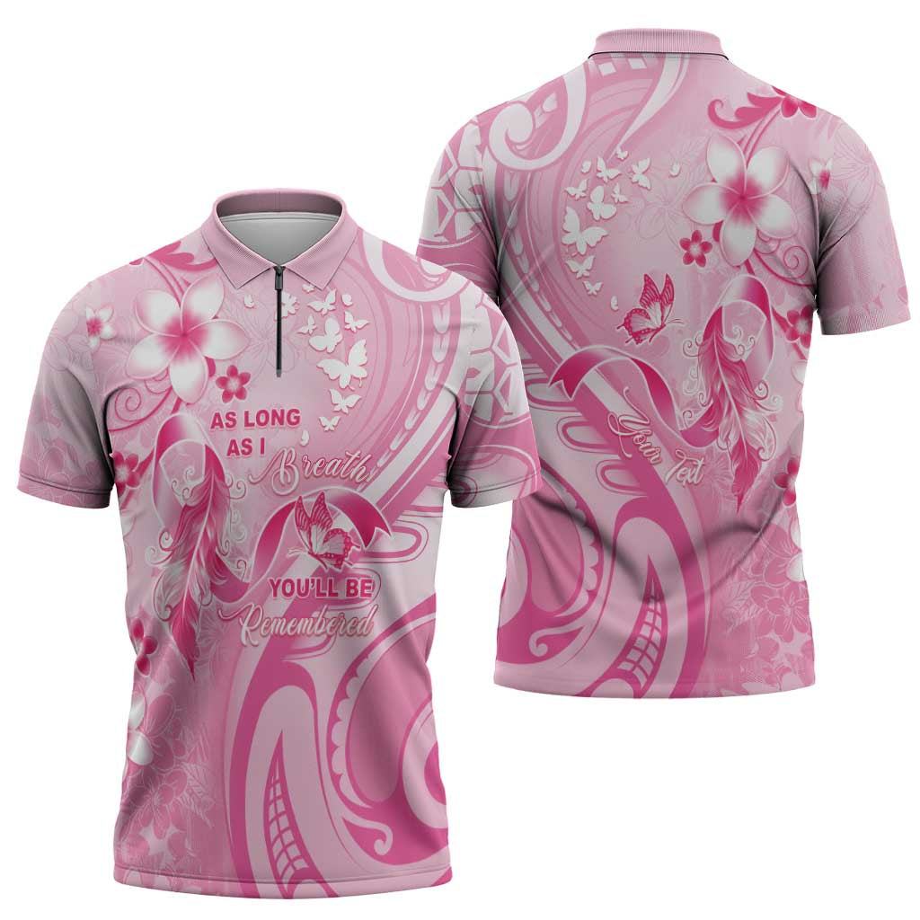 Personalised Memorial Pink Breast Cancer Awareness Zipper Polo Shirt Plumeria Floral Tribal Pattern - Polynesian Pride