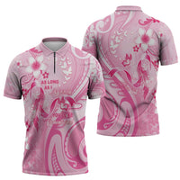 Personalised Memorial Pink Breast Cancer Awareness Zipper Polo Shirt Plumeria Floral Tribal Pattern - Polynesian Pride