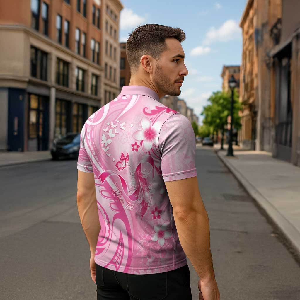 Personalised Memorial Pink Breast Cancer Awareness Zipper Polo Shirt Plumeria Floral Tribal Pattern - Polynesian Pride