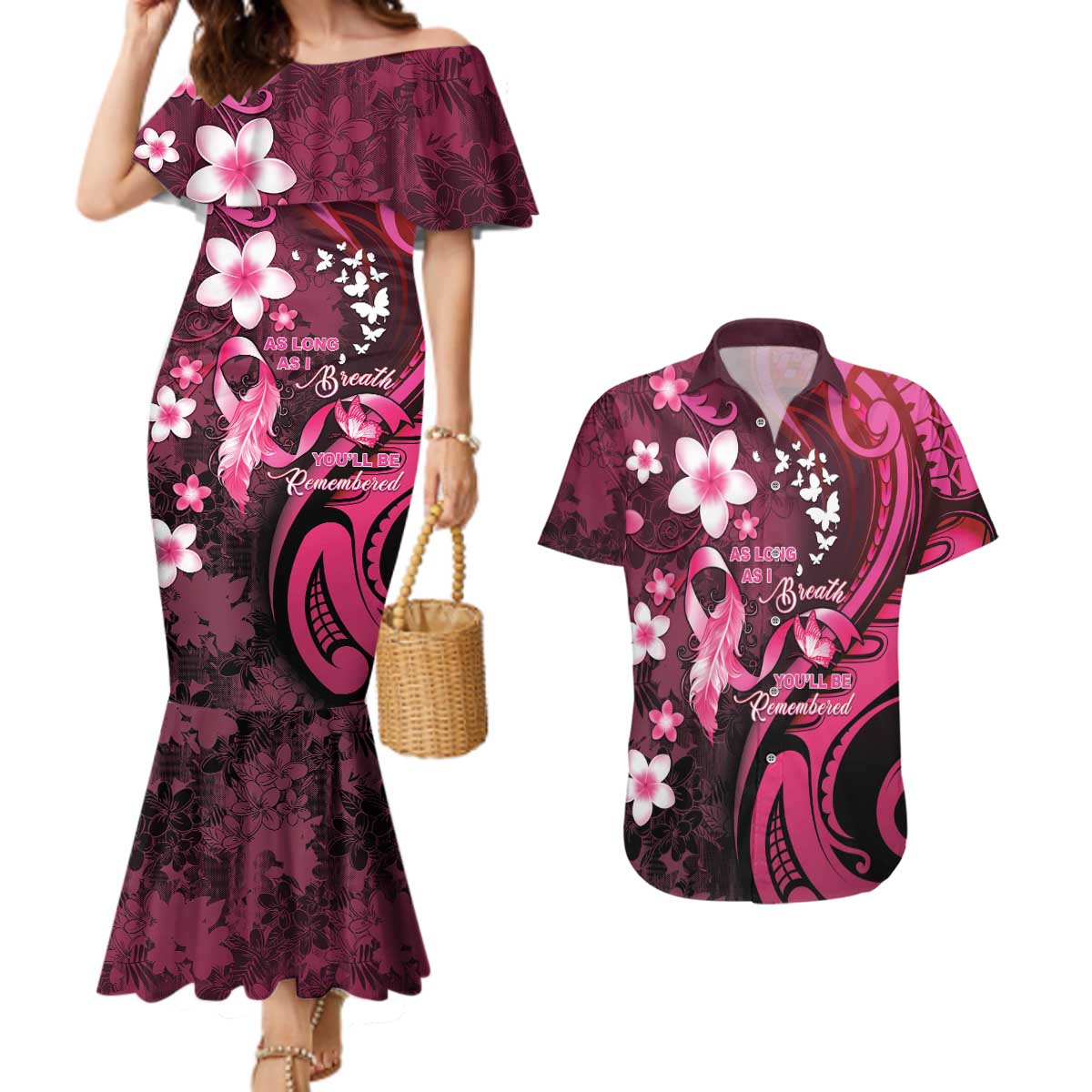 Personalised Memorial Breast Cancer Awareness Couples Matching Mermaid Dress and Hawaiian Shirt Plumeria Floral Tribal Pattern LT05 Black - Polynesian Pride