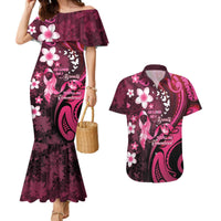 Personalised Memorial Breast Cancer Awareness Couples Matching Mermaid Dress and Hawaiian Shirt Plumeria Floral Tribal Pattern LT05 Black - Polynesian Pride