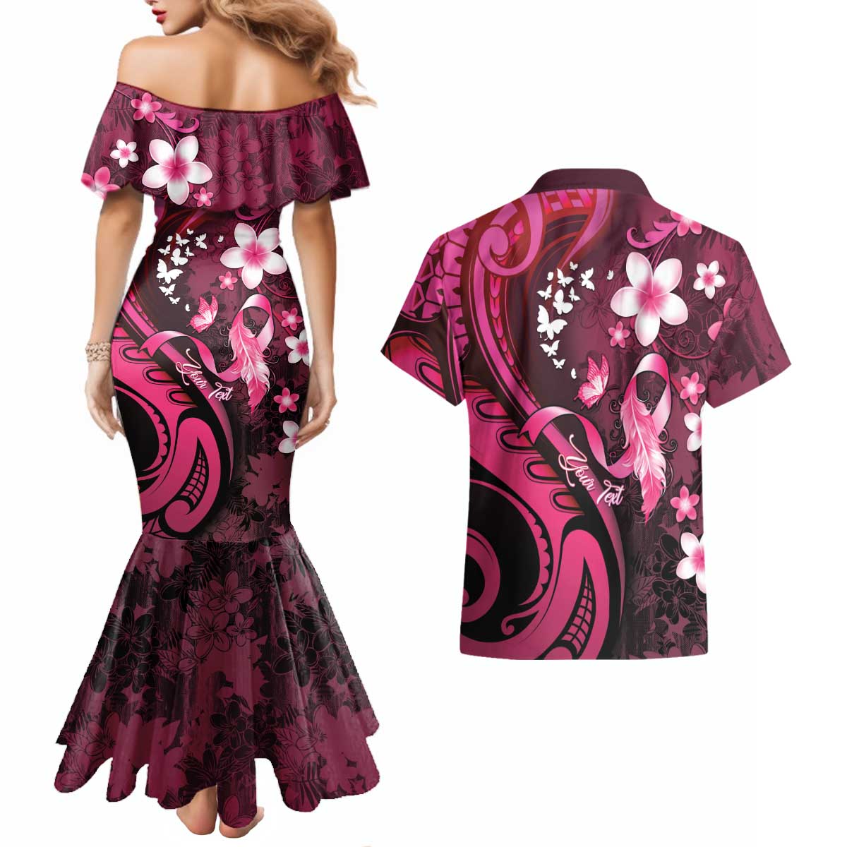 Personalised Memorial Breast Cancer Awareness Couples Matching Mermaid Dress and Hawaiian Shirt Plumeria Floral Tribal Pattern LT05 - Polynesian Pride