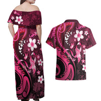 Personalised Memorial Breast Cancer Awareness Couples Matching Off Shoulder Maxi Dress and Hawaiian Shirt Plumeria Floral Tribal Pattern LT05 - Polynesian Pride