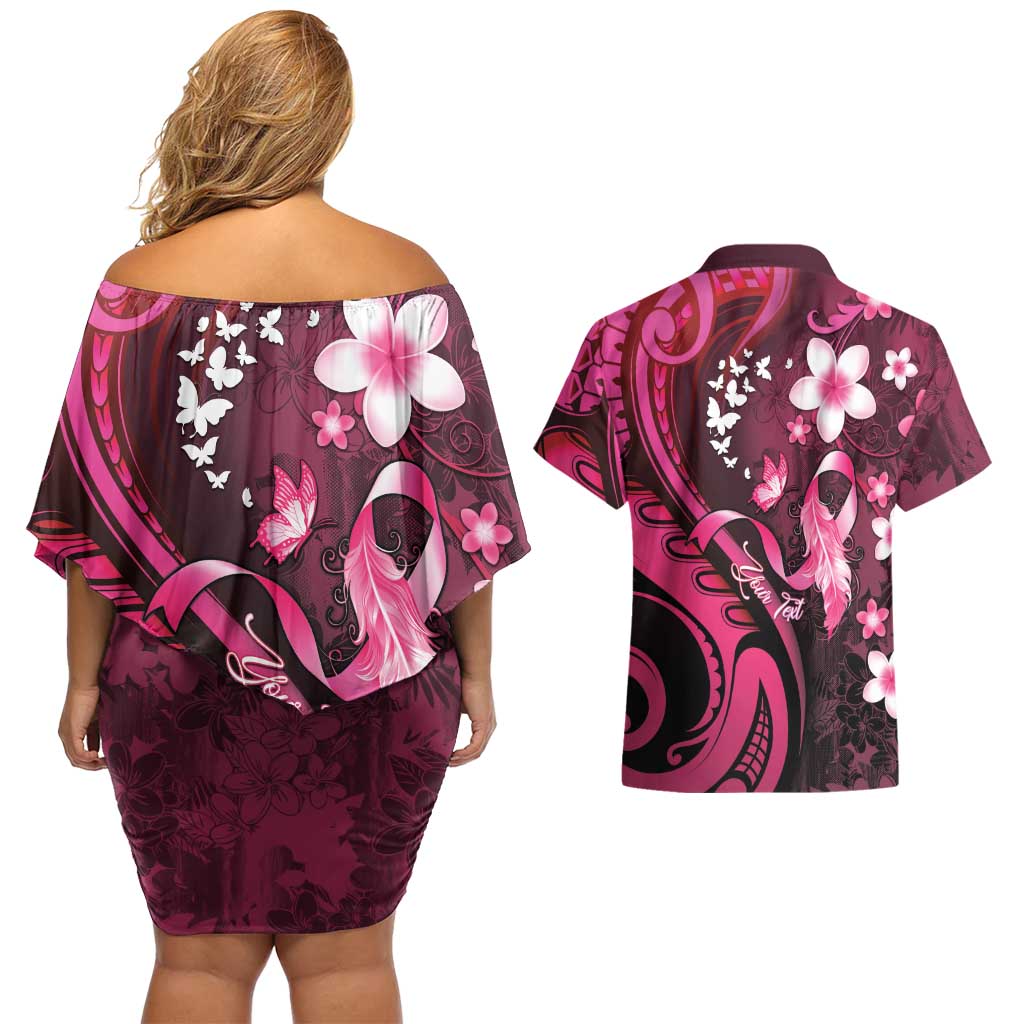 Personalised Memorial Breast Cancer Awareness Couples Matching Off Shoulder Short Dress and Hawaiian Shirt Plumeria Floral Tribal Pattern - Polynesian Pride
