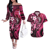Personalised Memorial Breast Cancer Awareness Couples Matching Off The Shoulder Long Sleeve Dress and Hawaiian Shirt Plumeria Floral Tribal Pattern - Polynesian Pride