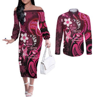 Personalised Memorial Breast Cancer Awareness Couples Matching Off The Shoulder Long Sleeve Dress and Long Sleeve Button Shirt Plumeria Floral Tribal Pattern LT05 Black - Polynesian Pride