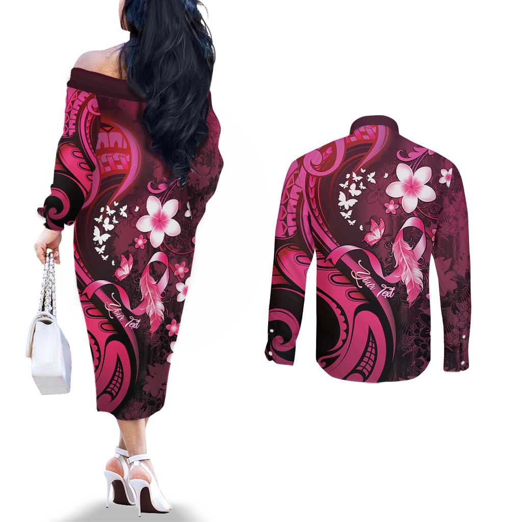 Personalised Memorial Breast Cancer Awareness Couples Matching Off The Shoulder Long Sleeve Dress and Long Sleeve Button Shirt Plumeria Floral Tribal Pattern LT05 - Polynesian Pride