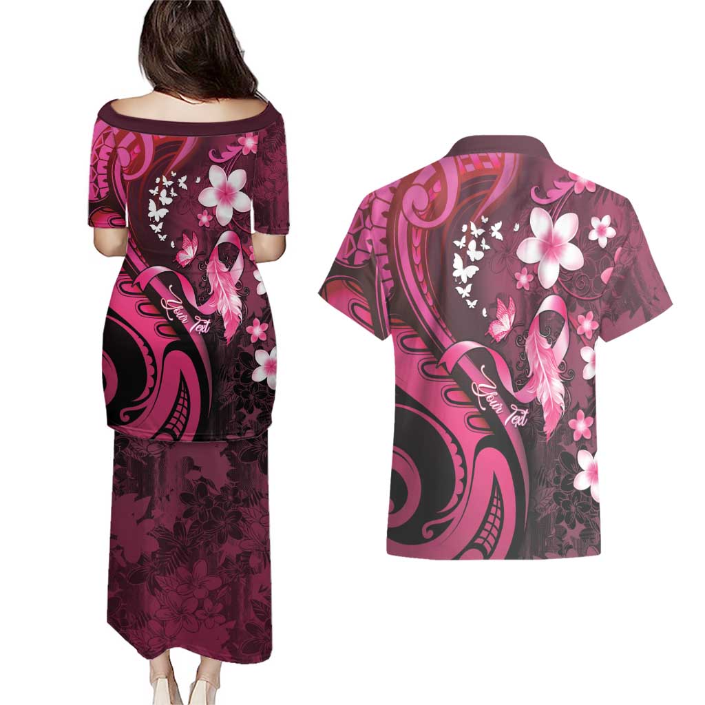 Personalised Memorial Breast Cancer Awareness Couples Matching Puletasi and Hawaiian Shirt Plumeria Floral Tribal Pattern - Polynesian Pride