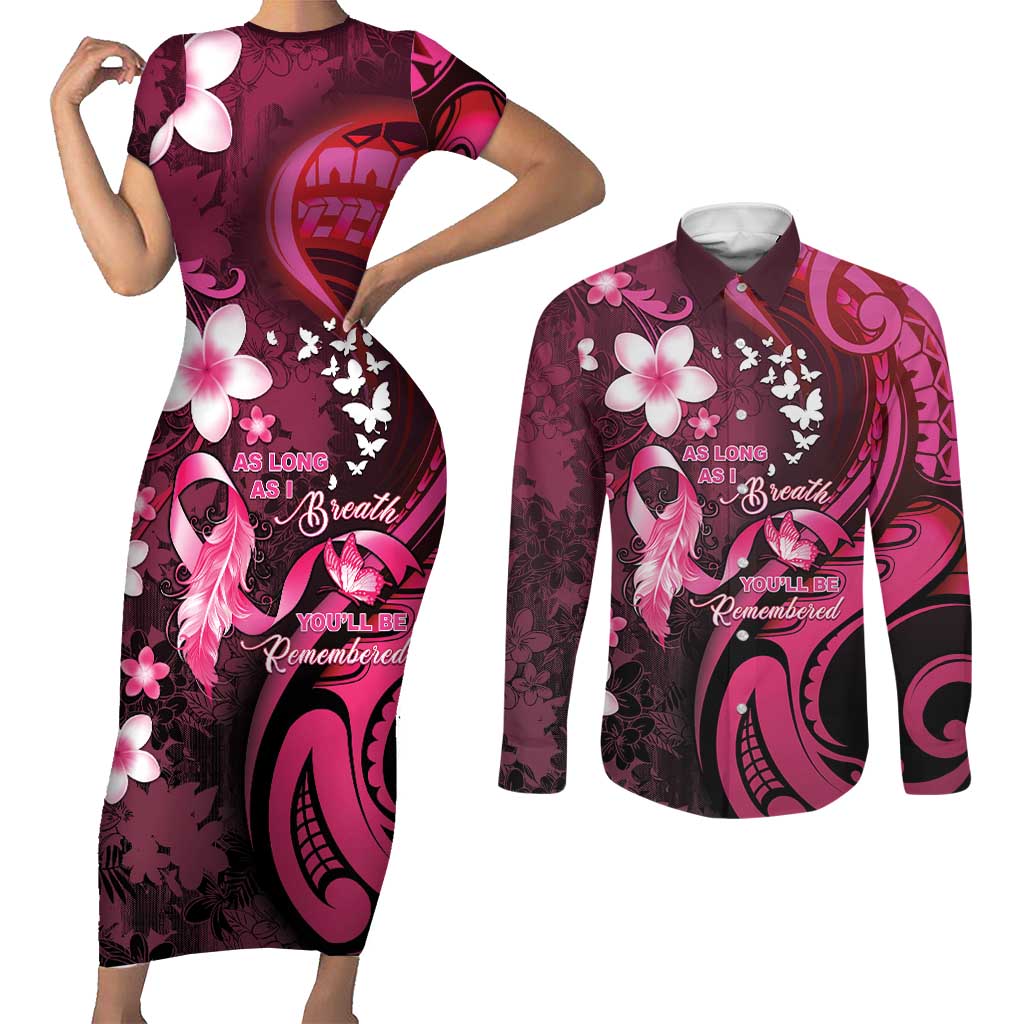 Personalised Memorial Breast Cancer Awareness Couples Matching Short Sleeve Bodycon Dress and Long Sleeve Button Shirt Plumeria Floral Tribal Pattern - Polynesian Pride