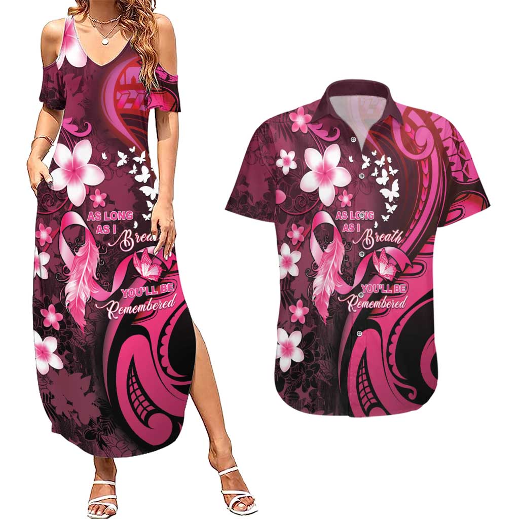 Personalised Memorial Breast Cancer Awareness Couples Matching Summer Maxi Dress and Hawaiian Shirt Plumeria Floral Tribal Pattern LT05 Black - Polynesian Pride