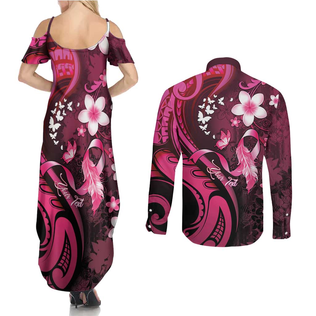 Personalised Memorial Breast Cancer Awareness Couples Matching Summer Maxi Dress and Long Sleeve Button Shirt Plumeria Floral Tribal Pattern - Polynesian Pride