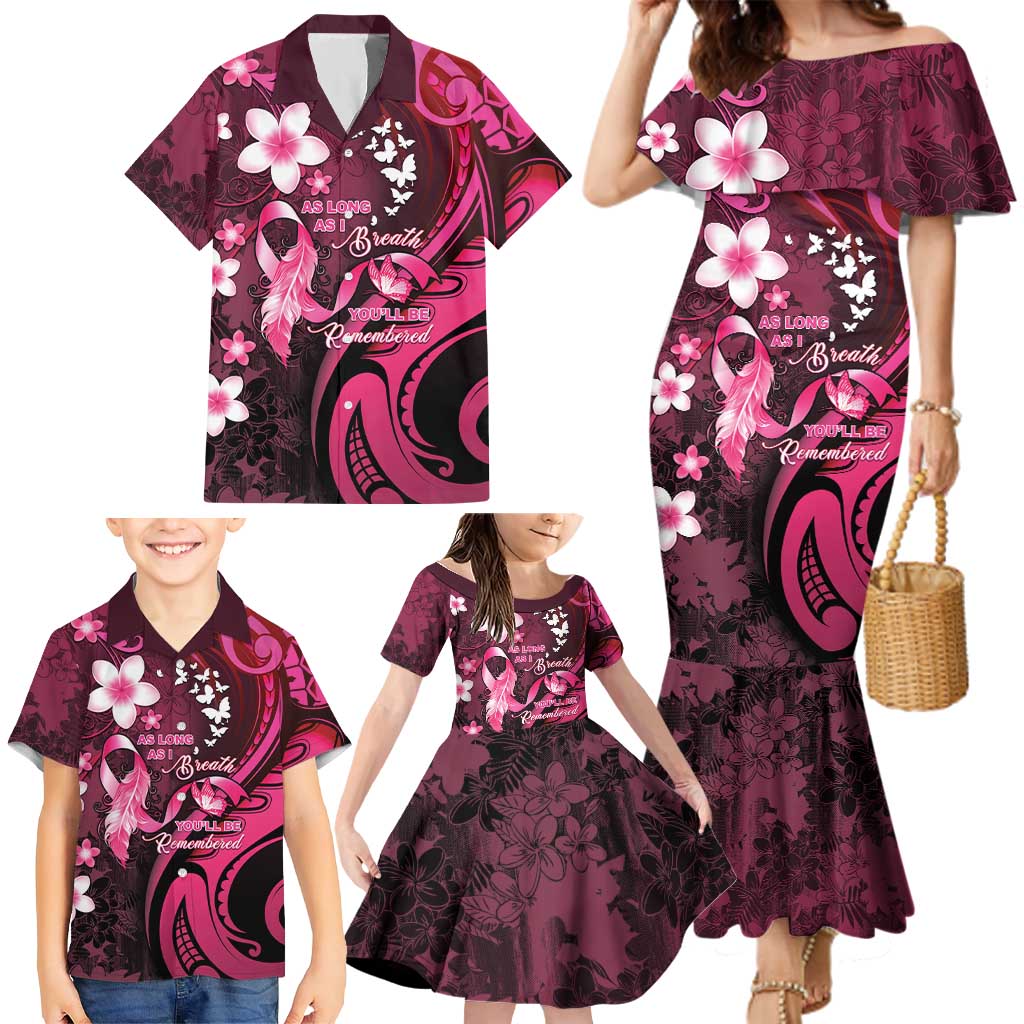 Personalised Memorial Breast Cancer Awareness Family Matching Mermaid Dress and Hawaiian Shirt Plumeria Floral Tribal Pattern - Polynesian Pride