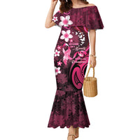 Personalised Memorial Breast Cancer Awareness Family Matching Mermaid Dress and Hawaiian Shirt Plumeria Floral Tribal Pattern - Polynesian Pride