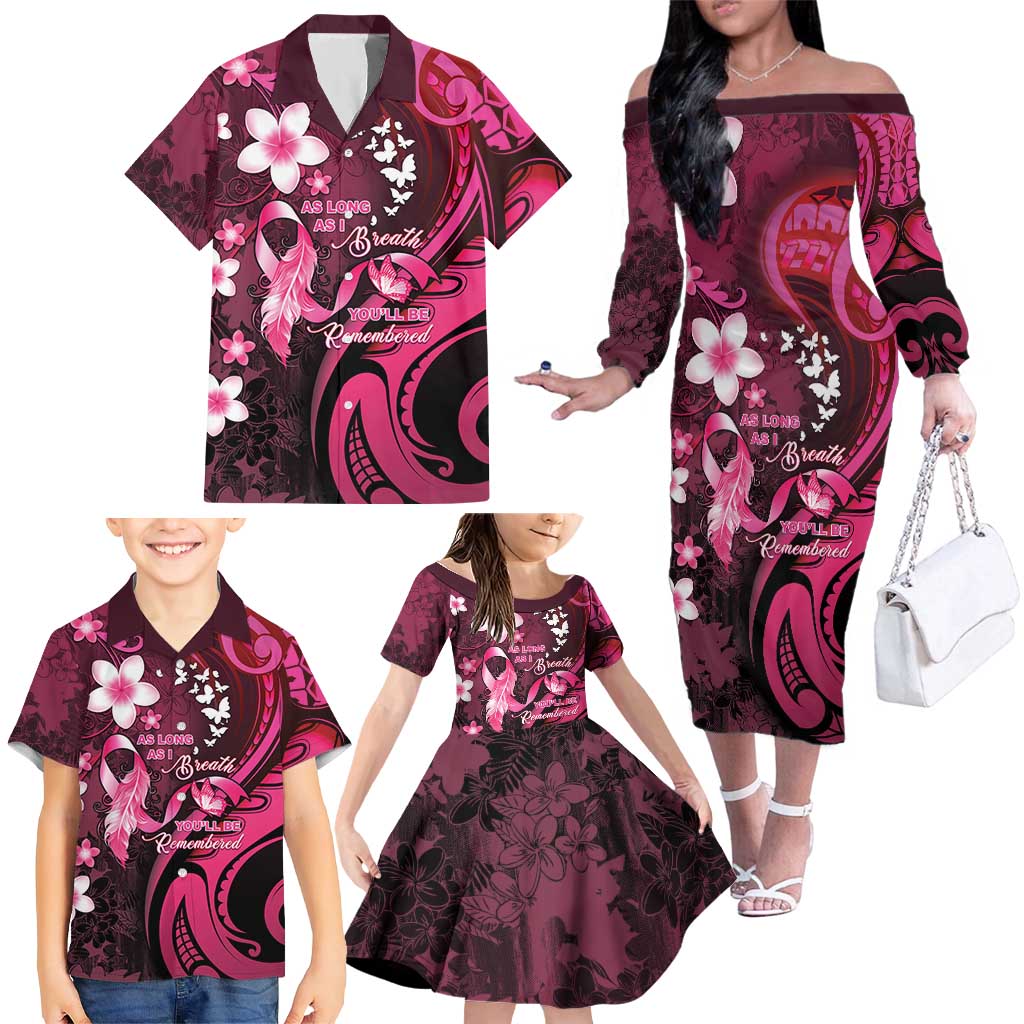 Personalised Memorial Breast Cancer Awareness Family Matching Off The Shoulder Long Sleeve Dress and Hawaiian Shirt Plumeria Floral Tribal Pattern - Polynesian Pride