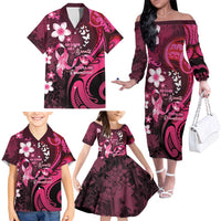 Personalised Memorial Breast Cancer Awareness Family Matching Off The Shoulder Long Sleeve Dress and Hawaiian Shirt Plumeria Floral Tribal Pattern - Polynesian Pride