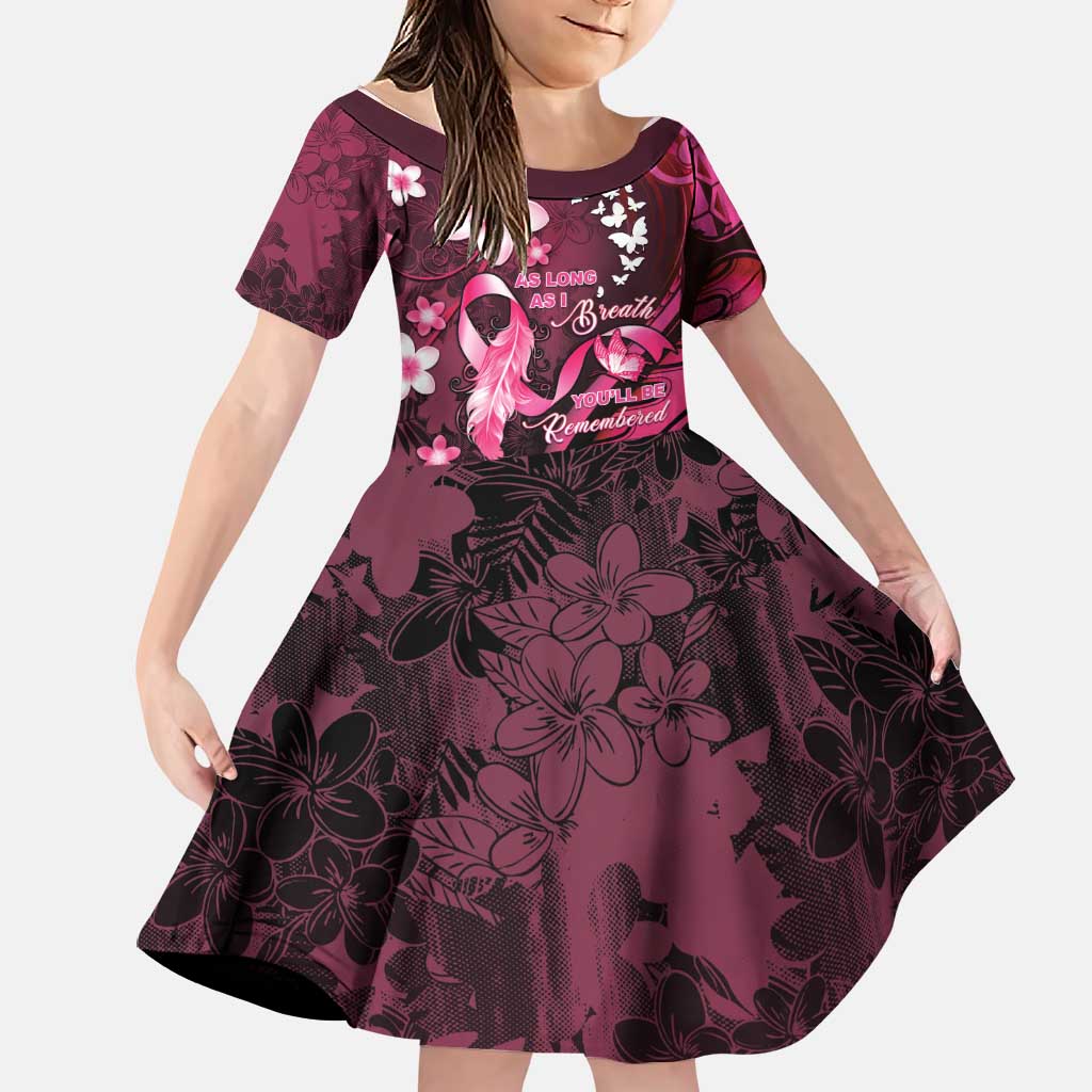 Personalised Memorial Breast Cancer Awareness Family Matching Off Shoulder Maxi Dress and Hawaiian Shirt Plumeria Floral Tribal Pattern LT05 Daughter's Dress Black - Polynesian Pride