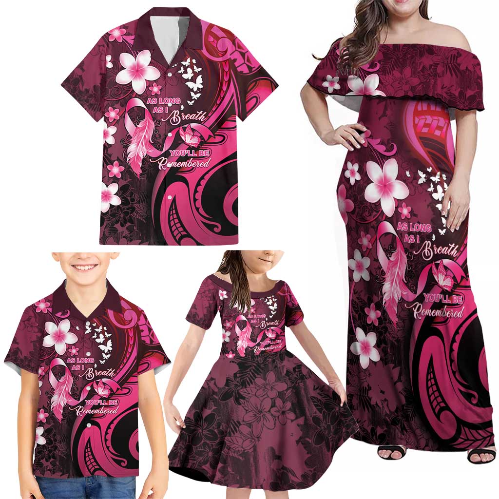 Personalised Memorial Breast Cancer Awareness Family Matching Off Shoulder Maxi Dress and Hawaiian Shirt Plumeria Floral Tribal Pattern LT05 - Polynesian Pride