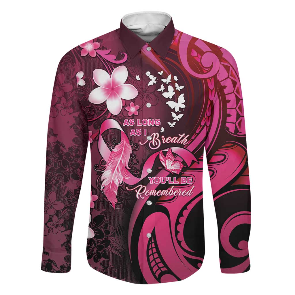 Personalised Memorial Breast Cancer Awareness Family Matching Off Shoulder Maxi Dress and Hawaiian Shirt Plumeria Floral Tribal Pattern LT05 Dad's Shirt - Long Sleeve Black - Polynesian Pride
