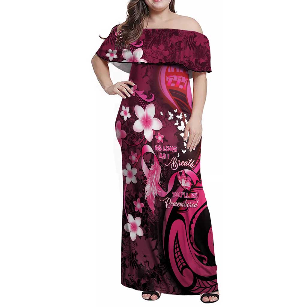 Personalised Memorial Breast Cancer Awareness Family Matching Off Shoulder Maxi Dress and Hawaiian Shirt Plumeria Floral Tribal Pattern LT05 Mom's Dress Black - Polynesian Pride