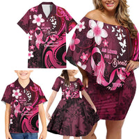 Personalised Memorial Breast Cancer Awareness Family Matching Off Shoulder Short Dress and Hawaiian Shirt Plumeria Floral Tribal Pattern LT05 - Polynesian Pride