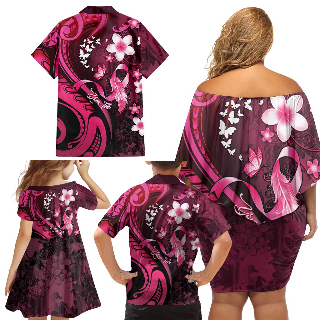 Personalised Memorial Breast Cancer Awareness Family Matching Off Shoulder Short Dress and Hawaiian Shirt Plumeria Floral Tribal Pattern LT05 - Polynesian Pride