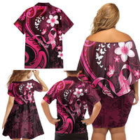 Personalised Memorial Breast Cancer Awareness Family Matching Off Shoulder Short Dress and Hawaiian Shirt Plumeria Floral Tribal Pattern LT05 - Polynesian Pride