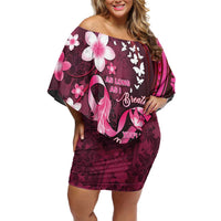 Personalised Memorial Breast Cancer Awareness Family Matching Off Shoulder Short Dress and Hawaiian Shirt Plumeria Floral Tribal Pattern LT05 Mom's Dress Black - Polynesian Pride