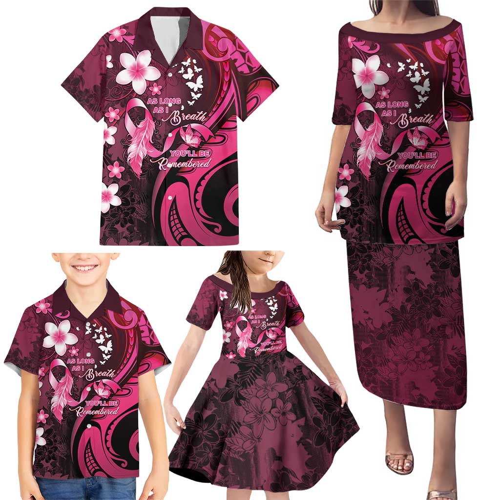 Personalised Memorial Breast Cancer Awareness Family Matching Puletasi and Hawaiian Shirt Plumeria Floral Tribal Pattern - Polynesian Pride