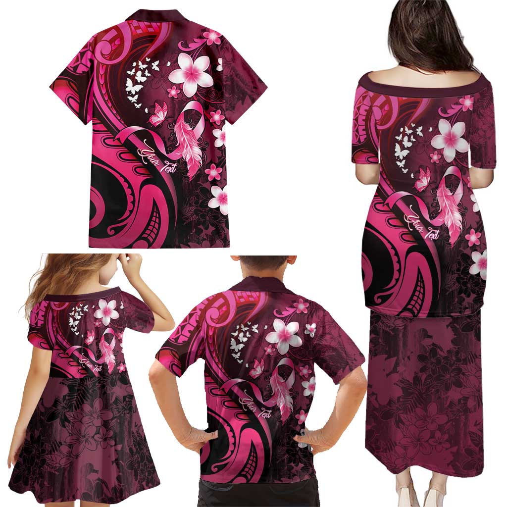 Personalised Memorial Breast Cancer Awareness Family Matching Puletasi and Hawaiian Shirt Plumeria Floral Tribal Pattern - Polynesian Pride