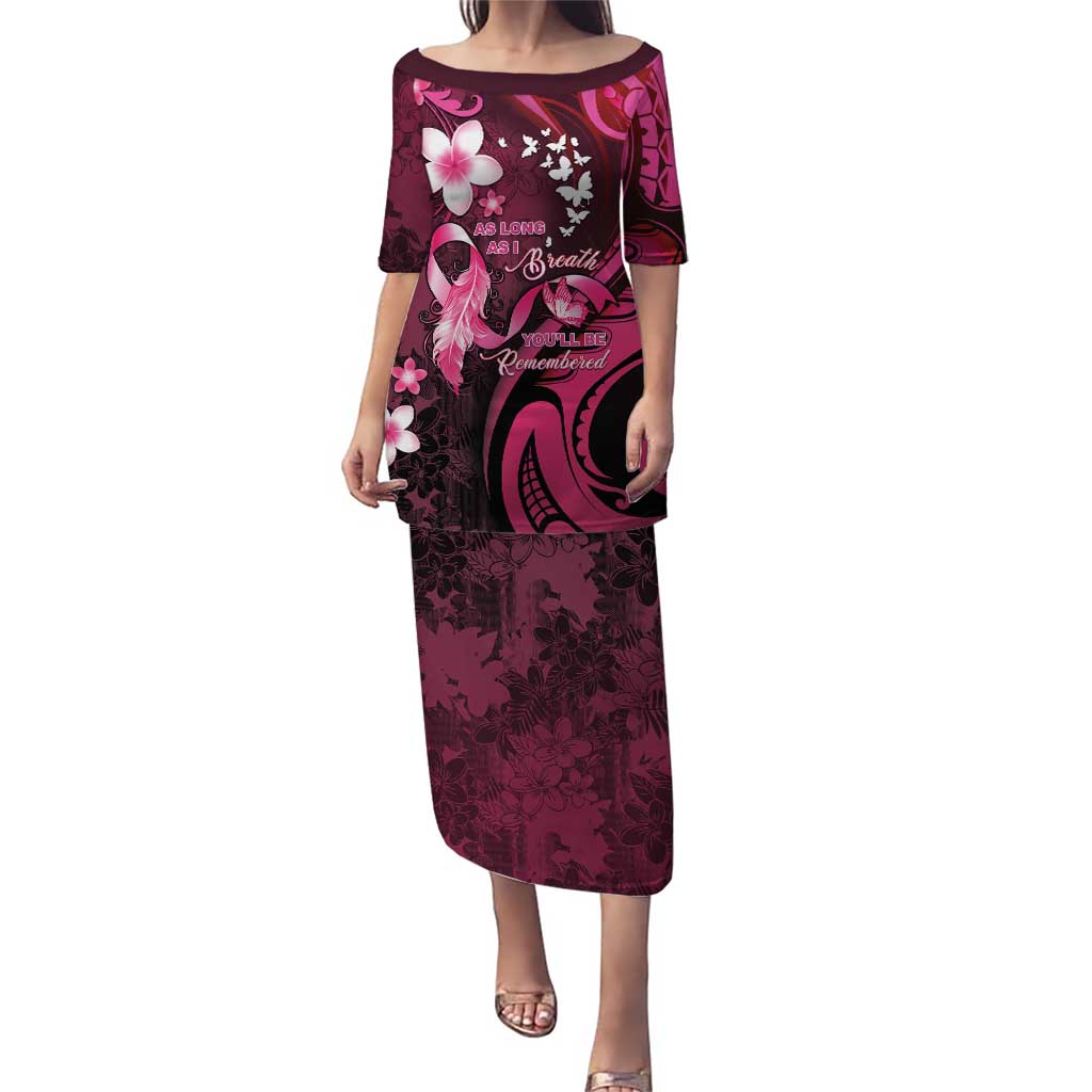 Personalised Memorial Breast Cancer Awareness Family Matching Puletasi and Hawaiian Shirt Plumeria Floral Tribal Pattern - Polynesian Pride