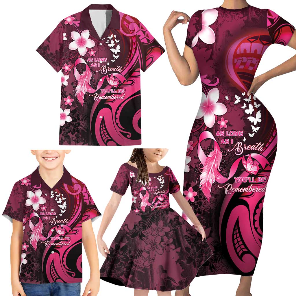 Personalised Memorial Breast Cancer Awareness Family Matching Short Sleeve Bodycon Dress and Hawaiian Shirt Plumeria Floral Tribal Pattern LT05 - Polynesian Pride