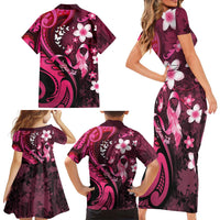 Personalised Memorial Breast Cancer Awareness Family Matching Short Sleeve Bodycon Dress and Hawaiian Shirt Plumeria Floral Tribal Pattern LT05 - Polynesian Pride