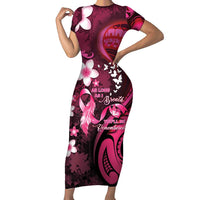 Personalised Memorial Breast Cancer Awareness Family Matching Short Sleeve Bodycon Dress and Hawaiian Shirt Plumeria Floral Tribal Pattern LT05 Mom's Dress Black - Polynesian Pride