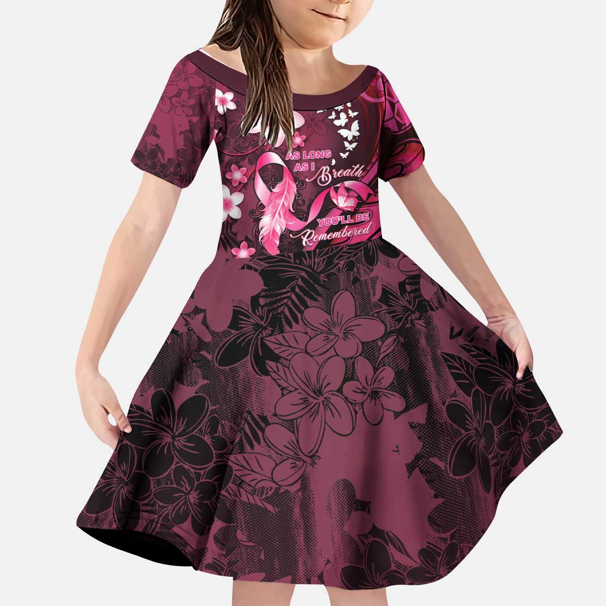 Personalised Memorial Breast Cancer Awareness Kid Short Sleeve Dress Plumeria Floral Tribal Pattern - Polynesian Pride