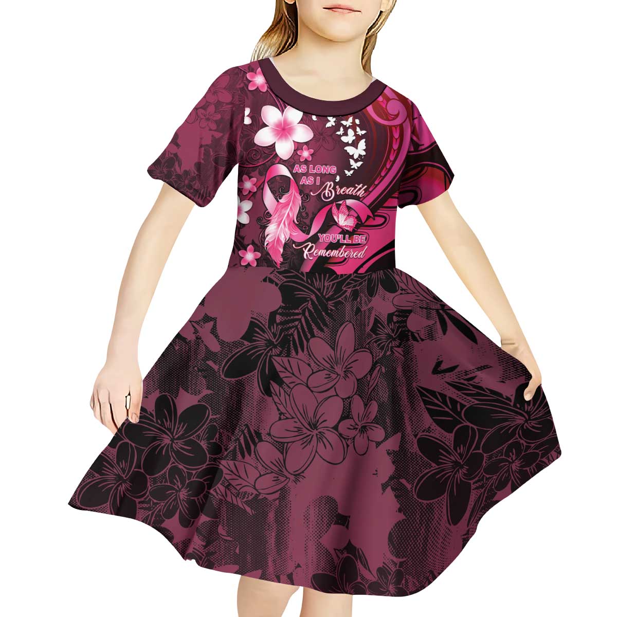 Personalised Memorial Breast Cancer Awareness Kid Short Sleeve Dress Plumeria Floral Tribal Pattern - Polynesian Pride