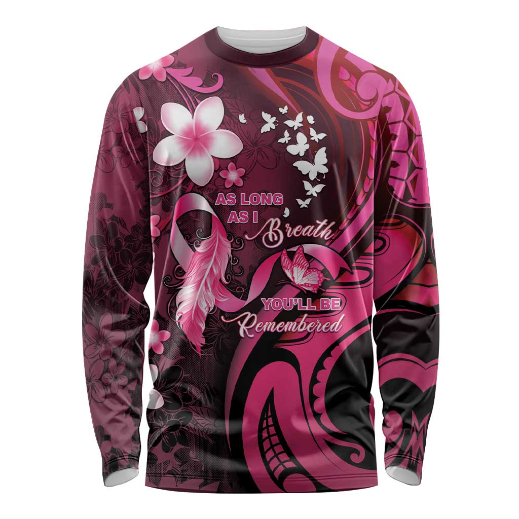 Personalised Memorial Breast Cancer Awareness Long Sleeve Shirt Plumeria Floral Tribal Pattern LT05 Unisex Black - Polynesian Pride