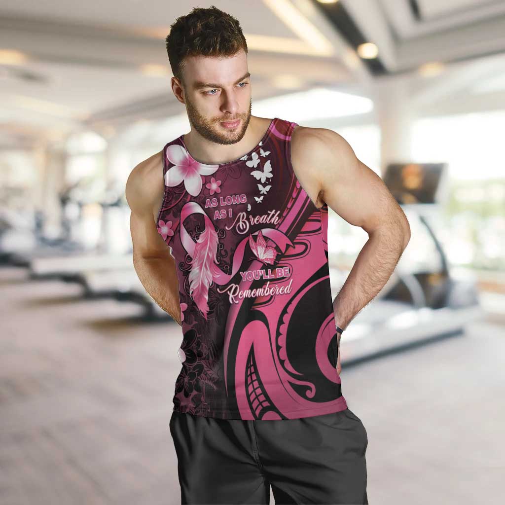 Personalised Memorial Breast Cancer Awareness Men Tank Top Plumeria Floral Tribal Pattern LT05 Black - Polynesian Pride