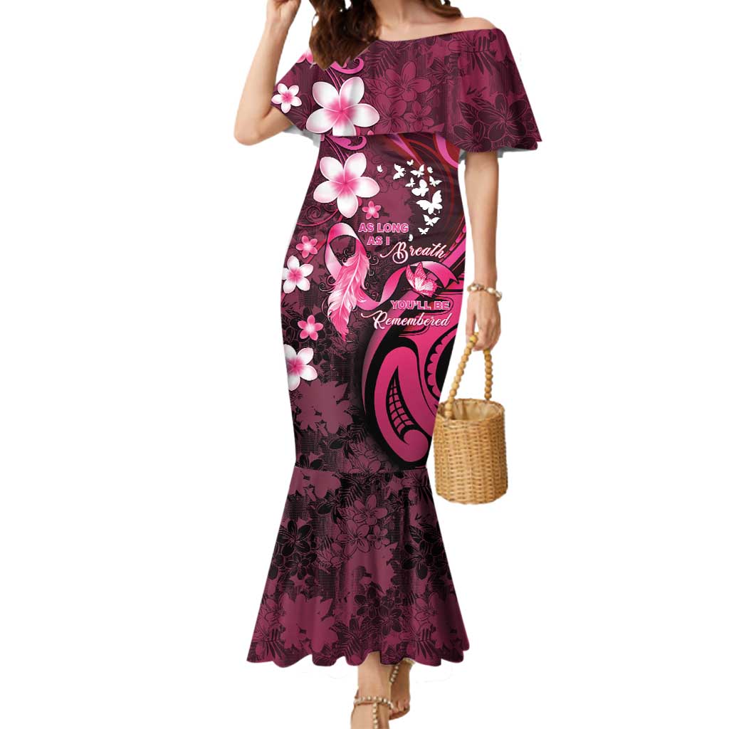 Personalised Memorial Breast Cancer Awareness Mermaid Dress Plumeria Floral Tribal Pattern - Polynesian Pride