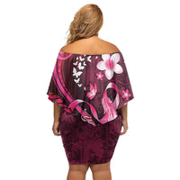 Personalised Memorial Breast Cancer Awareness Off Shoulder Short Dress Plumeria Floral Tribal Pattern LT05 - Polynesian Pride