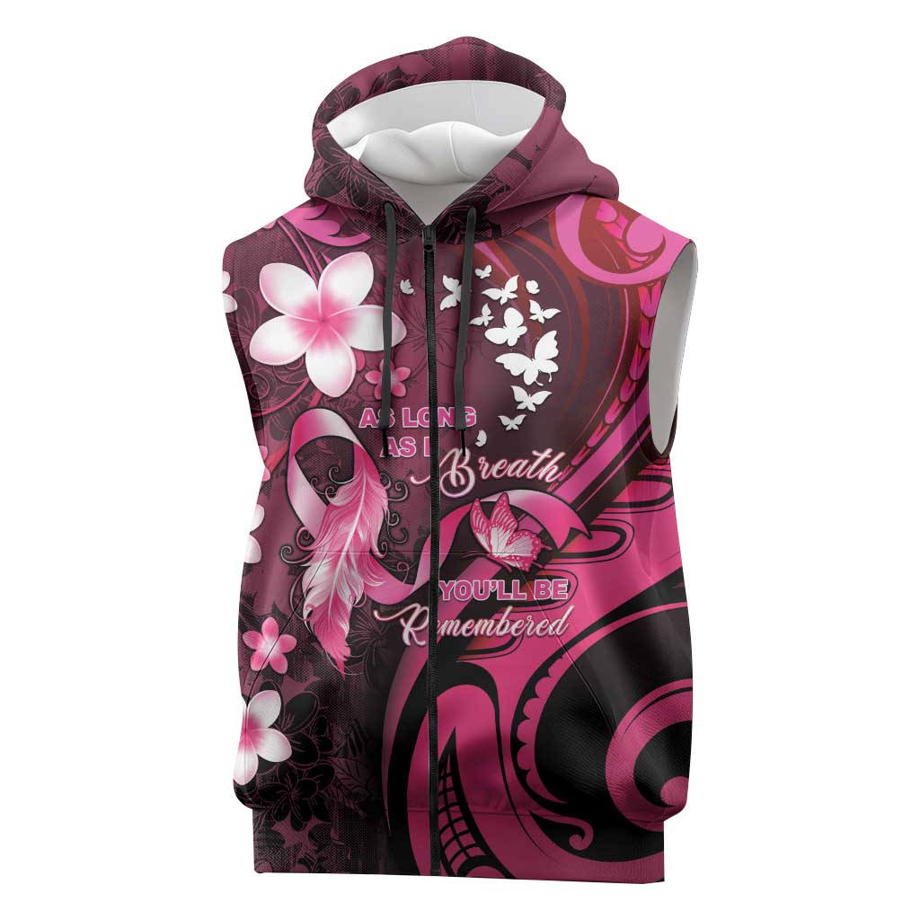 Personalised Memorial Breast Cancer Awareness Sleeveless Zip Hoodie Plumeria Floral Tribal Pattern LT05 Black - Polynesian Pride