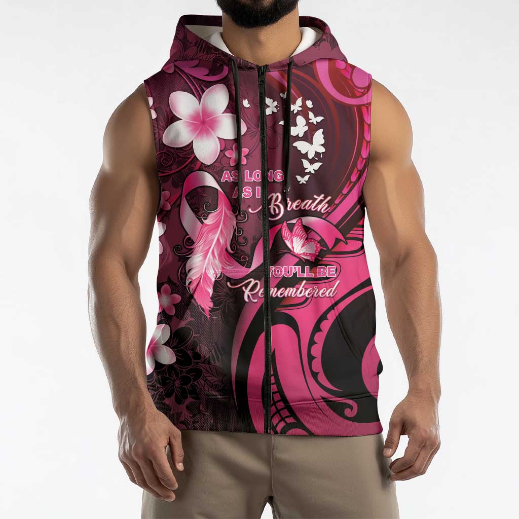 Personalised Memorial Breast Cancer Awareness Sleeveless Zip Hoodie Plumeria Floral Tribal Pattern LT05 - Polynesian Pride