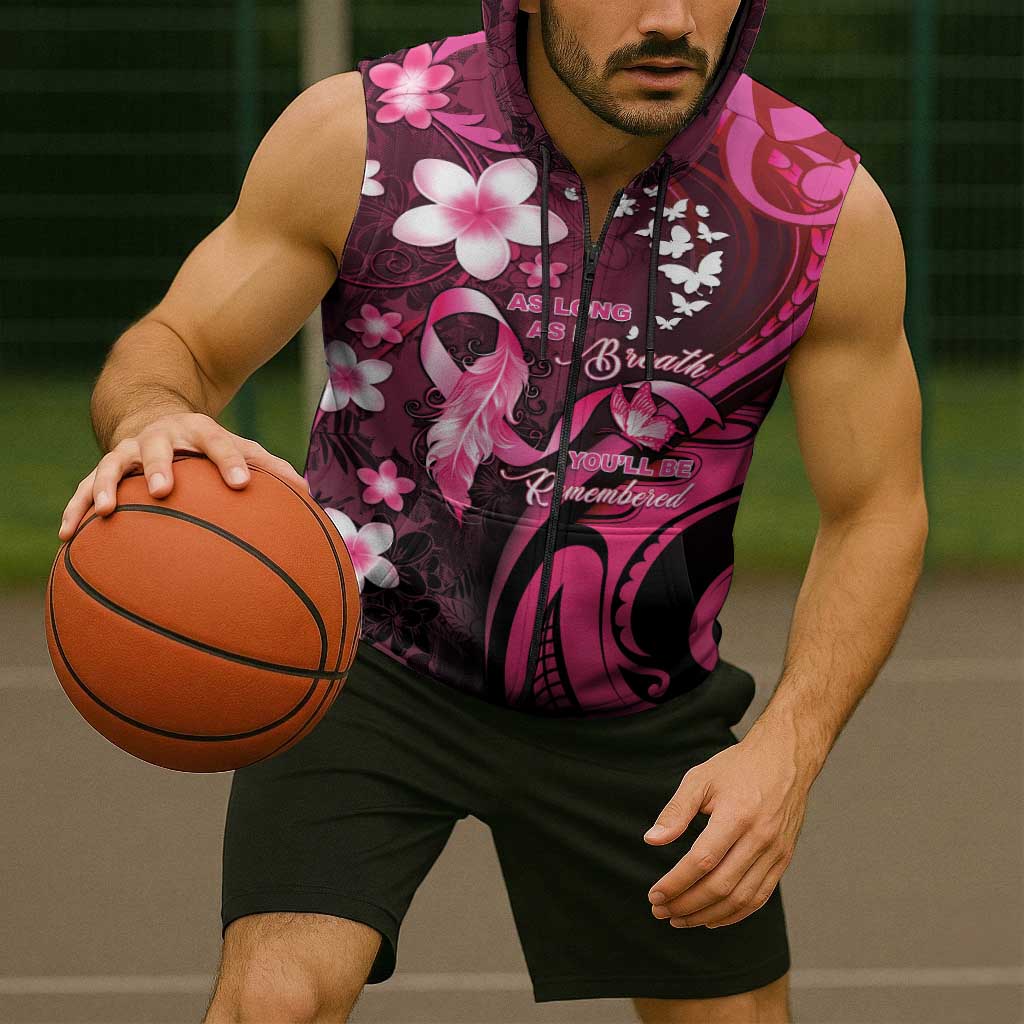 Personalised Memorial Breast Cancer Awareness Sleeveless Zip Hoodie Plumeria Floral Tribal Pattern LT05 - Polynesian Pride