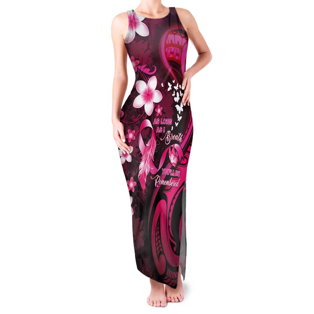 Personalised Memorial Breast Cancer Awareness Tank Maxi Dress Plumeria Floral Tribal Pattern LT05 Women Black - Polynesian Pride