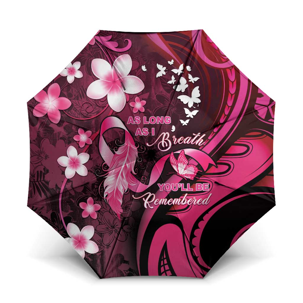 Memorial Breast Cancer Awareness Umbrella Plumeria Floral Tribal Pattern LT05 One Size Folded 11.42 inch Opened Diameter 37.4 inch Black - Polynesian Pride