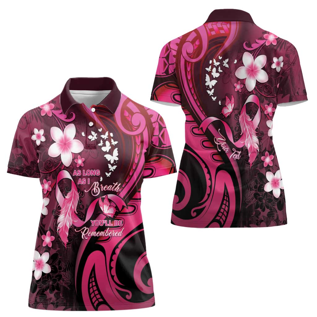 Personalised Memorial Breast Cancer Awareness Women Polo Shirt Plumeria Floral Tribal Pattern - Polynesian Pride