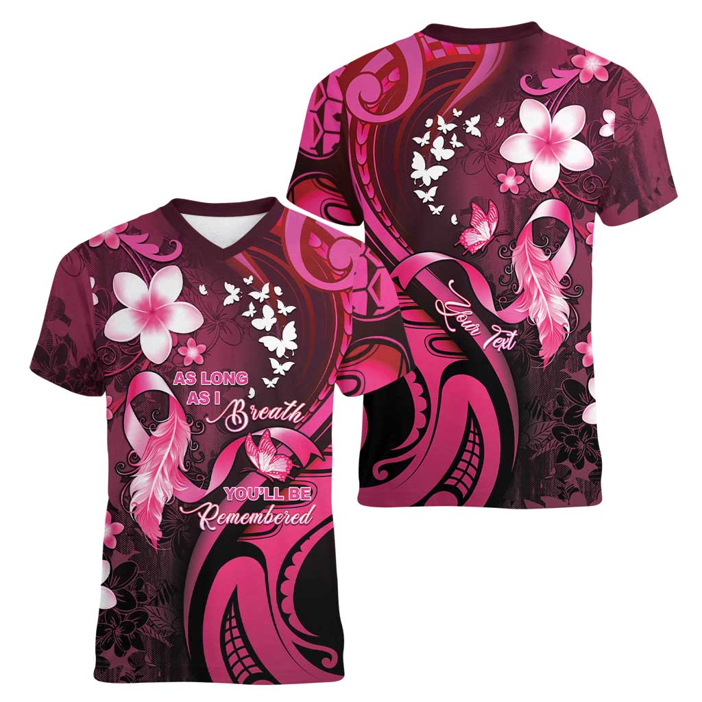 Personalised Memorial Breast Cancer Awareness Women V-Neck T-Shirt Plumeria Floral Tribal Pattern - Polynesian Pride