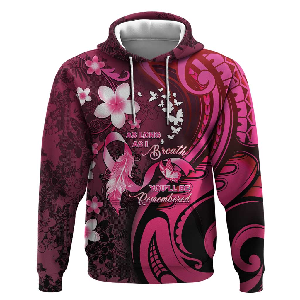 Personalised Memorial Breast Cancer Awareness Zip Hoodie Plumeria Floral Tribal Pattern LT05 Pullover Hoodie Black - Polynesian Pride